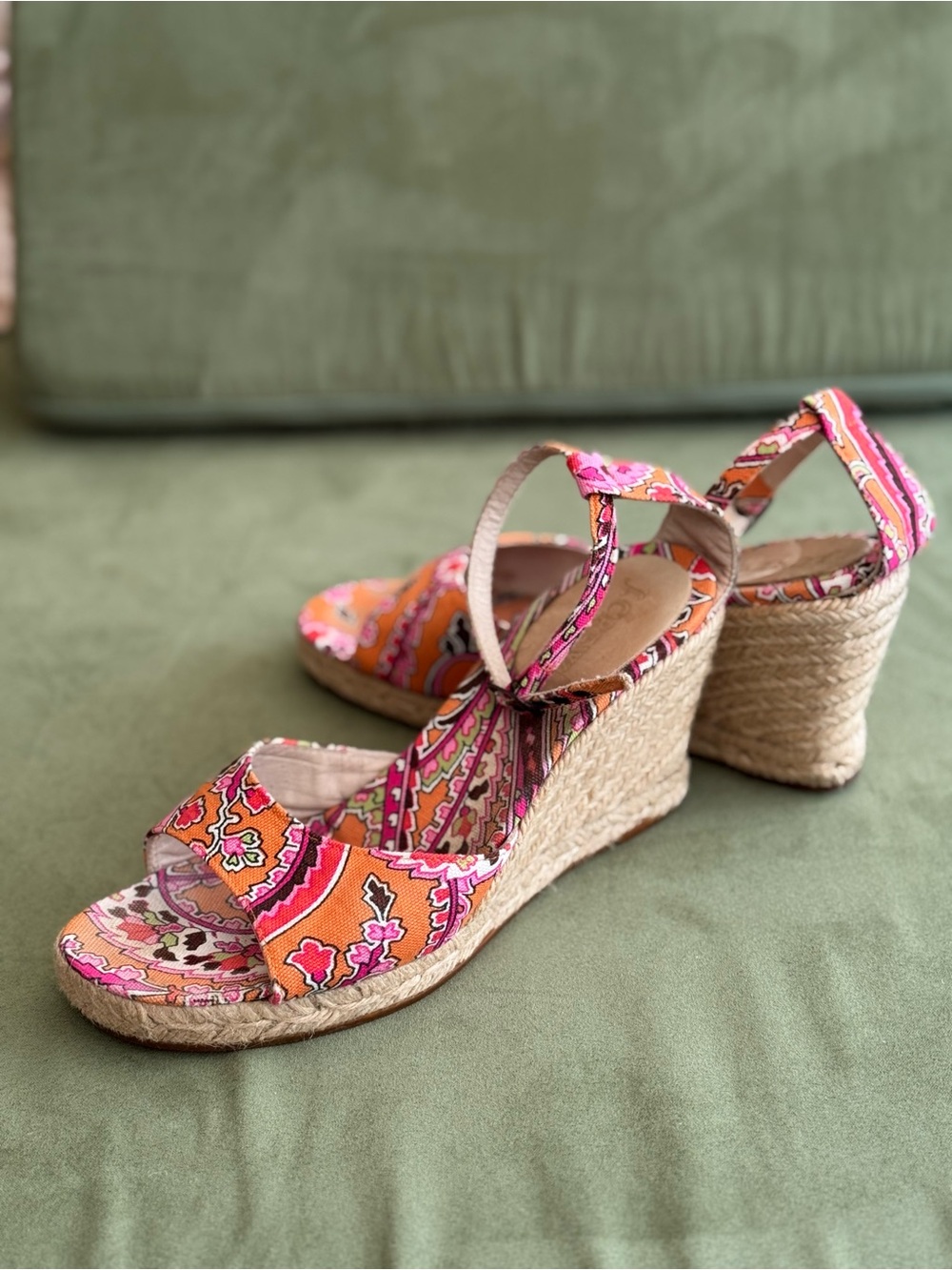 J. Crew Womens Pink and Orange Printed Espadrille Wedge Sandals Size 9